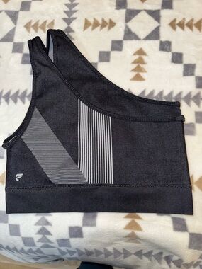 FABLETICS Asymmetric One-Shoulder Sports Bra in Charcoal and Light Gray